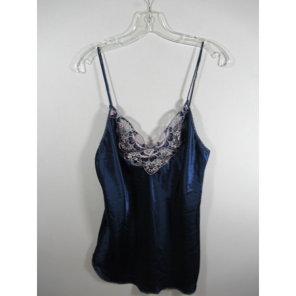 Vintage 80s 90s Val Mode Satin Chemise Nightgown Women Medium Blue Lace